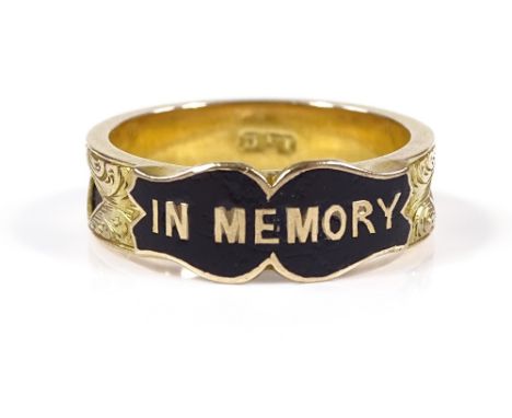 A 15ct gold black enamel memorial band ring, with engraved hair panel shank, band width 6.9mm, size N, 3.7g