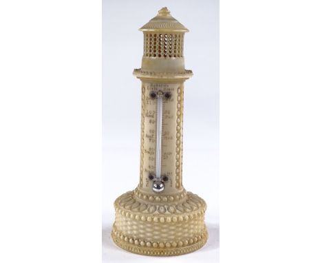 A 19th century carved ivory lighthouse design desk thermometer, inscribed Ramsgate Lighthouse, height 15cm