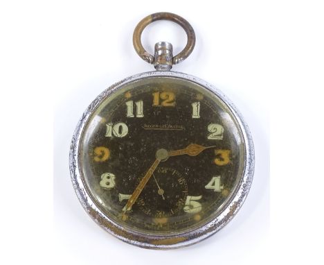 A Second War Period Jaeger LeCoultre GSTP military pocket watch, steel case with black face and subsidiary seconds dial, case