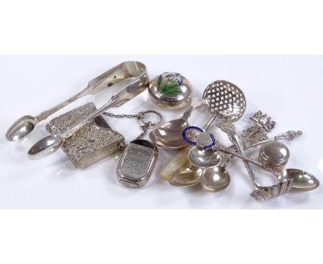 Various silver items, including a silver caddy spoon, an enamelled silver pillbox, sifter spoons etc