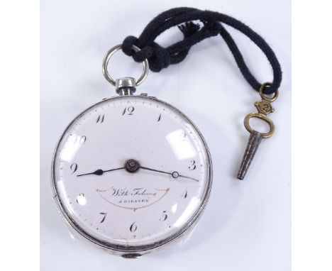 A silver-cased open face key-wind Verge pocket watch, white enamel dial, signed A Giessen, with modified engraved back, case 