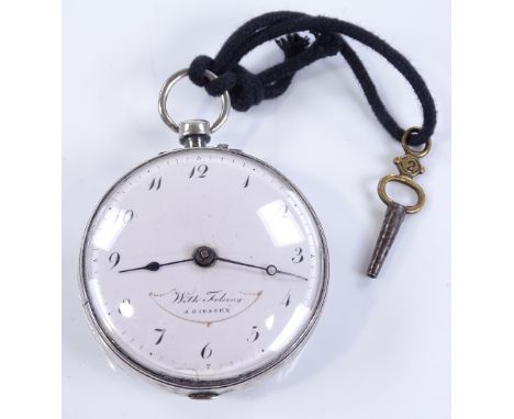 A silver-cased open face key-wind Verge pocket watch, white enamel dial, signed A Giessen, with modified engraved back, case 