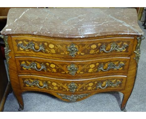 A late 19th century French Kingwood and marquetry inlaid serpentine front commode, shaped moulded marble top with ormolu moul