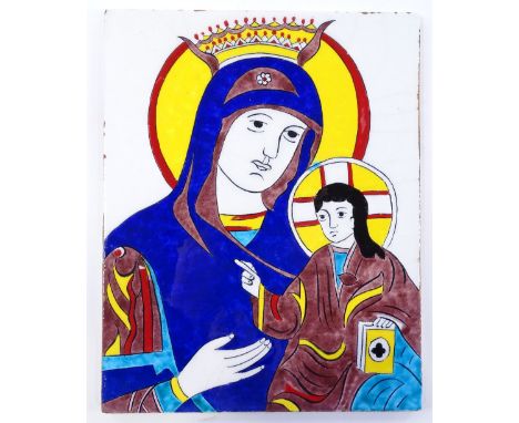 An Armenian ceramic tile with painted Christian religious design, height 25cm