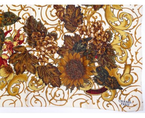 Chanel Paris silk scarf, cream with leaf / logo design, 88cm x 88cm