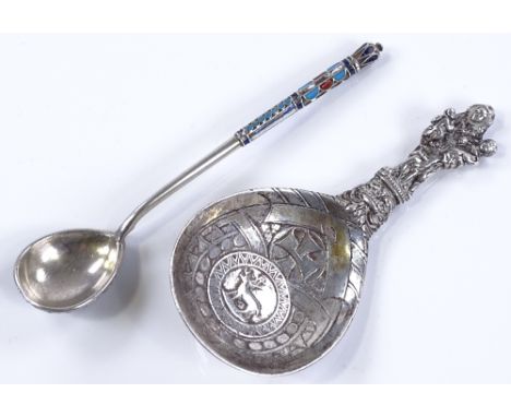 A Russian silver and enamel spoon, together with a Continental white metal caddy spoon (2)