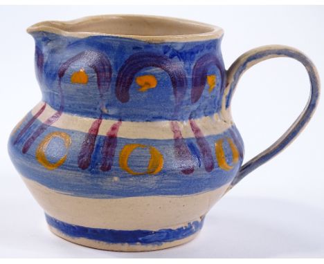 Quentin Bell for Fulham Pottery, a handmade pottery jug with hand painted geometric decoration, height 13cm, together with a 