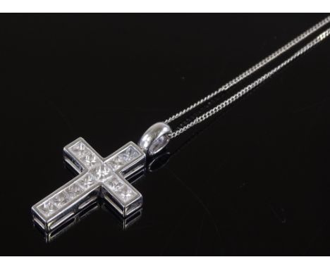 A platinum Princess-cut diamond cross pendant, on 9ct white gold chain, height excluding bale 19.8mm, 3.8g