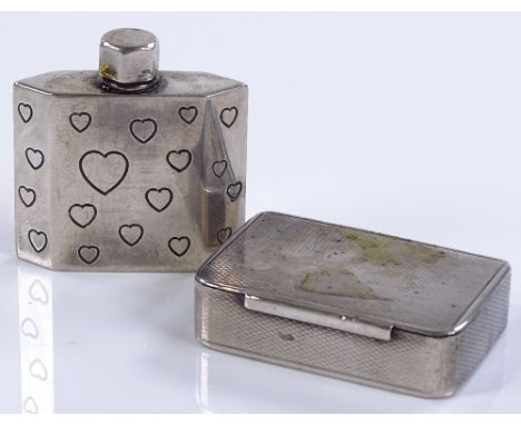 A small sterling silver scent bottle with heart decoration, together with an engine turned silver snuffbox (2)