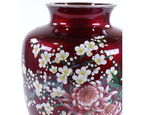 A fine quality Japanese silver and cloisonne enamel vase, early 20th century, dark red ground with sprays of chrysanthemums a