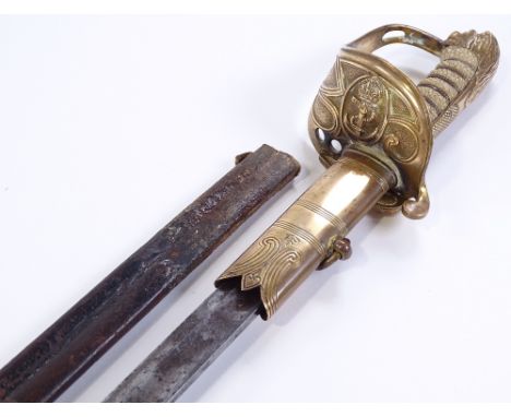 A Navy Officer's dress sword, with cast-brass bowl hilt, shagreen grips with etched blade and original brass-mounted leather 