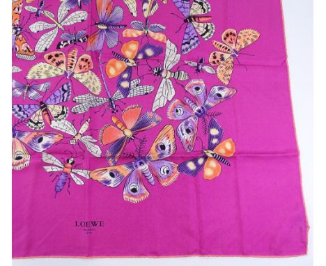 Loewe Madrid silk scarf in fuschia pink with butterfly design, 86cm x 86cm