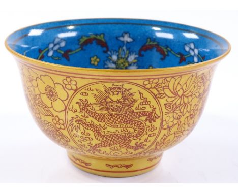 A Chinese porcelain bowl, with blue glazed floral enamel interior, diameter 12cm