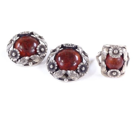 A pair of Danish sterling silver and amber clip-on earrings, by N E From, together with a matching ring (2)