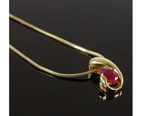 An 18ct gold ruby pendant, on 9ct chain, pendant height 12.2mm, chain length 420mm, 3g total