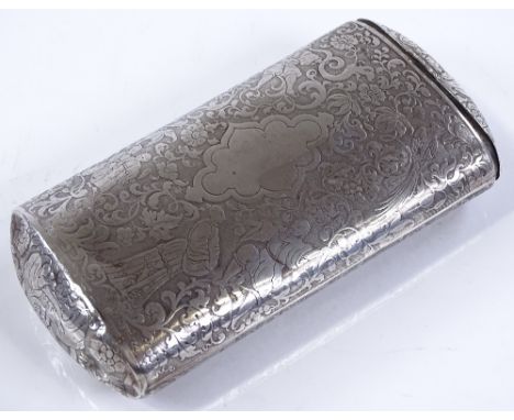 A Continental unmarked silver cigar case, engine turned Oriental decoration, length 12.5cm