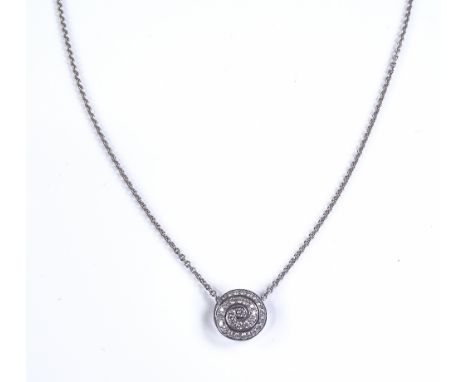 An 18ct white gold diamond swirl pendant, on 18ct white gold chain, pendant diameter 10.9mm, chain length 450mm, 5.2g