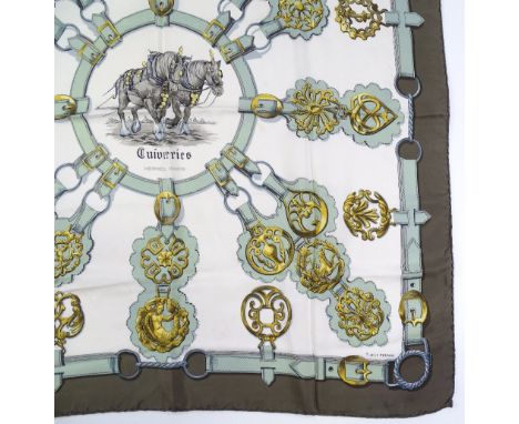 Hermes Paris Vintage silk scarf in green, gold and white, design by F De La Perriere, 88cm x 88cm