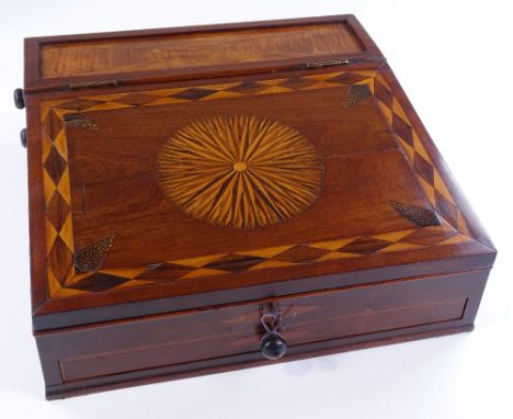 An unusual 19th century specimen wood and parquetry inlaid writing / games box, ornate starburst parquetry top enclosing a ch