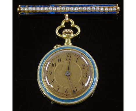 An 18ct gold blue and white enamel LeCoultre &amp; Cie brooch fob watch, circa 1870, enamelled case with seed pearl line set 