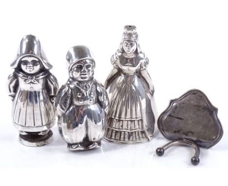A novelty sterling silver lady design cruet, a silver menu holder, and a pair of Dutch silver cruets (4)