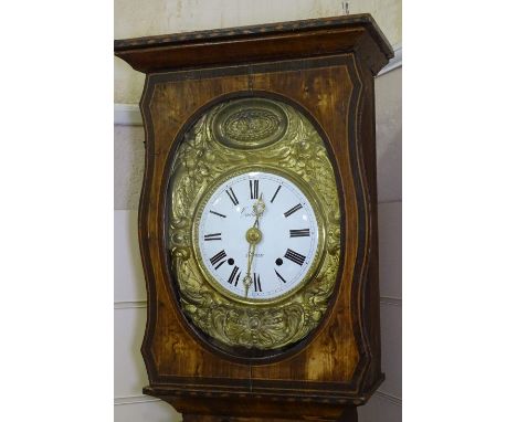 A 19th century French pine-cased comptoise longcase clock, ornate gilt-brass and enamel dial, with matching pendulum