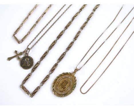 A 14ct gold Chinese character pendant and chain, a 14ct gold St. Christopher pendant and chain, and 3 other gold chains, 26g 