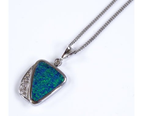 An 18ct white gold black opal doublet and diamond pendant necklace, on 18ct white gold chain, pendant height excluding bale 2