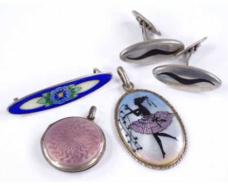 A pair of Danish sterling silver moustache design cufflinks, a silver and enamel pendant etc (4)