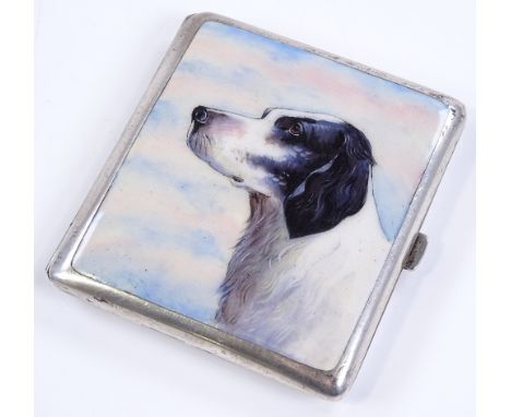 A silver plated cigarette case, with enamelled dog portrait panel, height 8.5cm