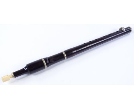 A rosewood piccolo / recorder circa 1900, nickel plate mounts and bone mouthpiece, length 37cm