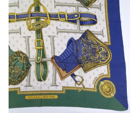 Hermes Paris Vintage silk scarf "Selles a Housse" design, 88cm x 88cm