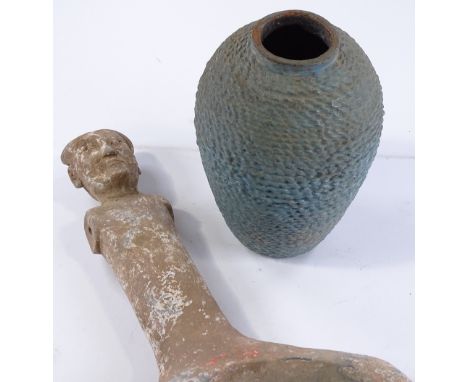 A Chinese Han dynasty ceramic horse rider figure, height 55cm A/F, and an Antique ridged ceramic pot, height 23cm (2)