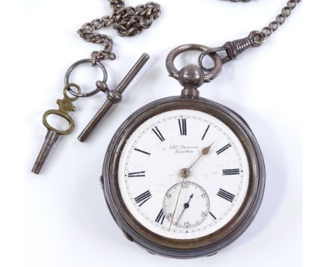 A silver-cased open face key-wind JW Benson pocket watch, engine turned case with subsidiary seconds dial and silver Albert, 