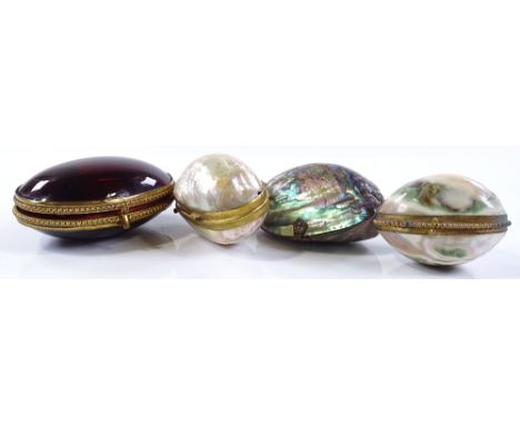 A ruby glass egg-shaped box with gilt-metal mounts, and 3 mother-of-pearl shell egg-shaped sewing cases (4)