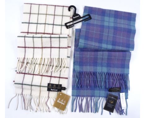 Barbour new lambswool scarf, white with check pattern, together with a James Pringle new blue / lilac check wool scarf (2)
