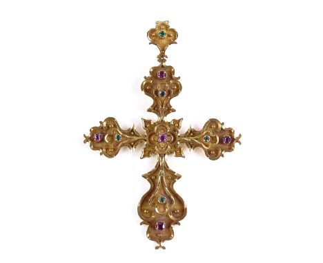A large unmarked gold ruby and emerald set cross pendant, with chased textured body, unmarked gold settings test as high cara