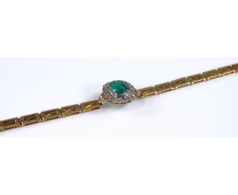 A 14ct gold green stone and diamond cluster bracelet, on gate link bracelet, length 195mm