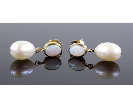 A pair of 9ct gold opal and pearl drop earrings, height excluding fitting 23.8mm, 4g total