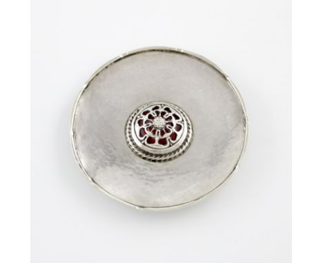 By Omar Ramsden, an Arts and Crafts silver and enamel dish, London 1925, also engraved 'OMAR RAMSEN ME FECIT', circular form,