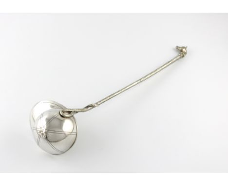 An electroplated novelty punch ladle, unmarked, the bowl modelled as a jockey's cap, the handle modelled as a whip, with a ho