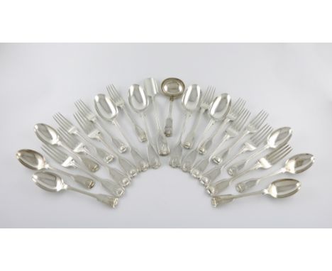 An Edwardian silver Fiddle, Thread and Shell pattern canteen for six, by Jackson and Fullerton, London 1901-1907, comprising: