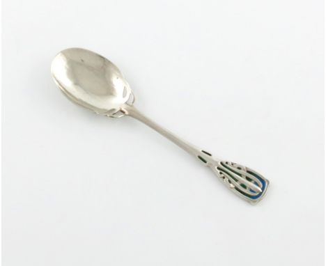 By William Hutton and Sons, an Edwardian Art Nouveau silver and enamel spoon, London 1902, oval bowl, spot-hammered decoratio