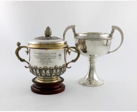 An Edwardian silver yachting trophy cup, by R and W Sorey, London 1902, circular form, acanthus leaf decoration, pull-off cov