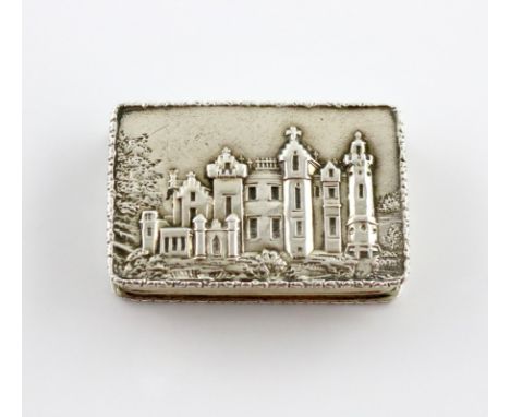 An early Victorian silver castle-top vinaigrette, Abbotsford House, by Nathaniel Mills, Birmingham 1837, rectangular form, th