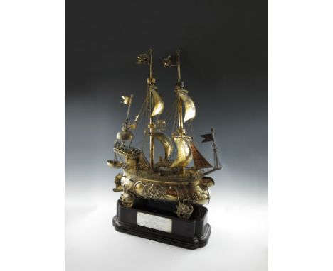 A large and impressive late-19th century German silver-gilt two masted nef, with import marks for Chester 1900, importer's ma