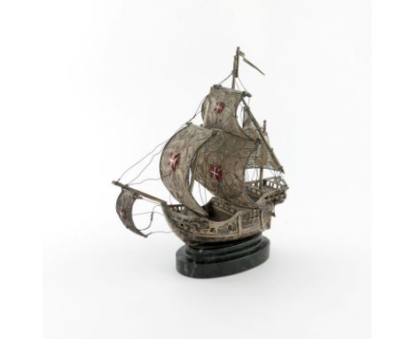 A modern Portuguese silver model of a man-of-war galleon, Oporto, post 1938 mark, in full sale, with filigree sails mounted w