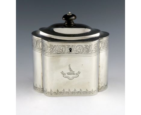 A George III silver tea caddy, by James Mince, London 1798, shaped oval form, engraved foliate borders and engraved with a cr