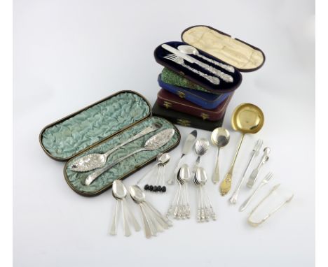 A mixed lot of silver flatware, various dates and makers, comprising: a three-piece Victorian Vine pattern christening set, b