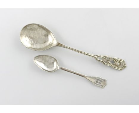 By Sybil Dunlop, an Arts and Crafts silver spoon, London 1929, spot-hammered oval bowl, tapering stem, with a pierced stylise